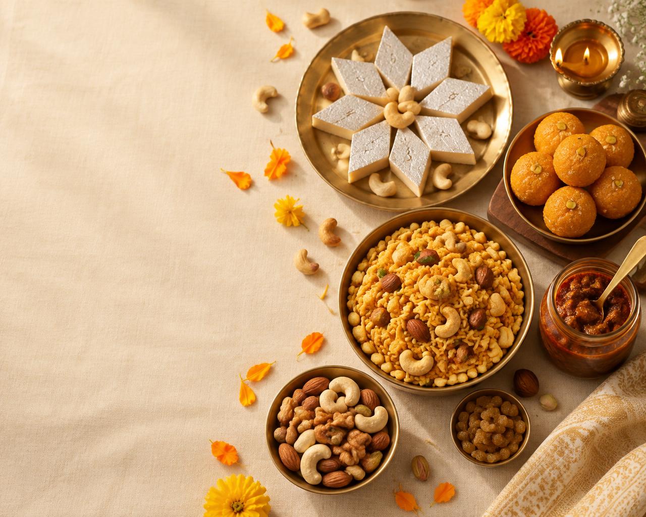 A festive spread of Indian sweets, namkeen and dry fruits